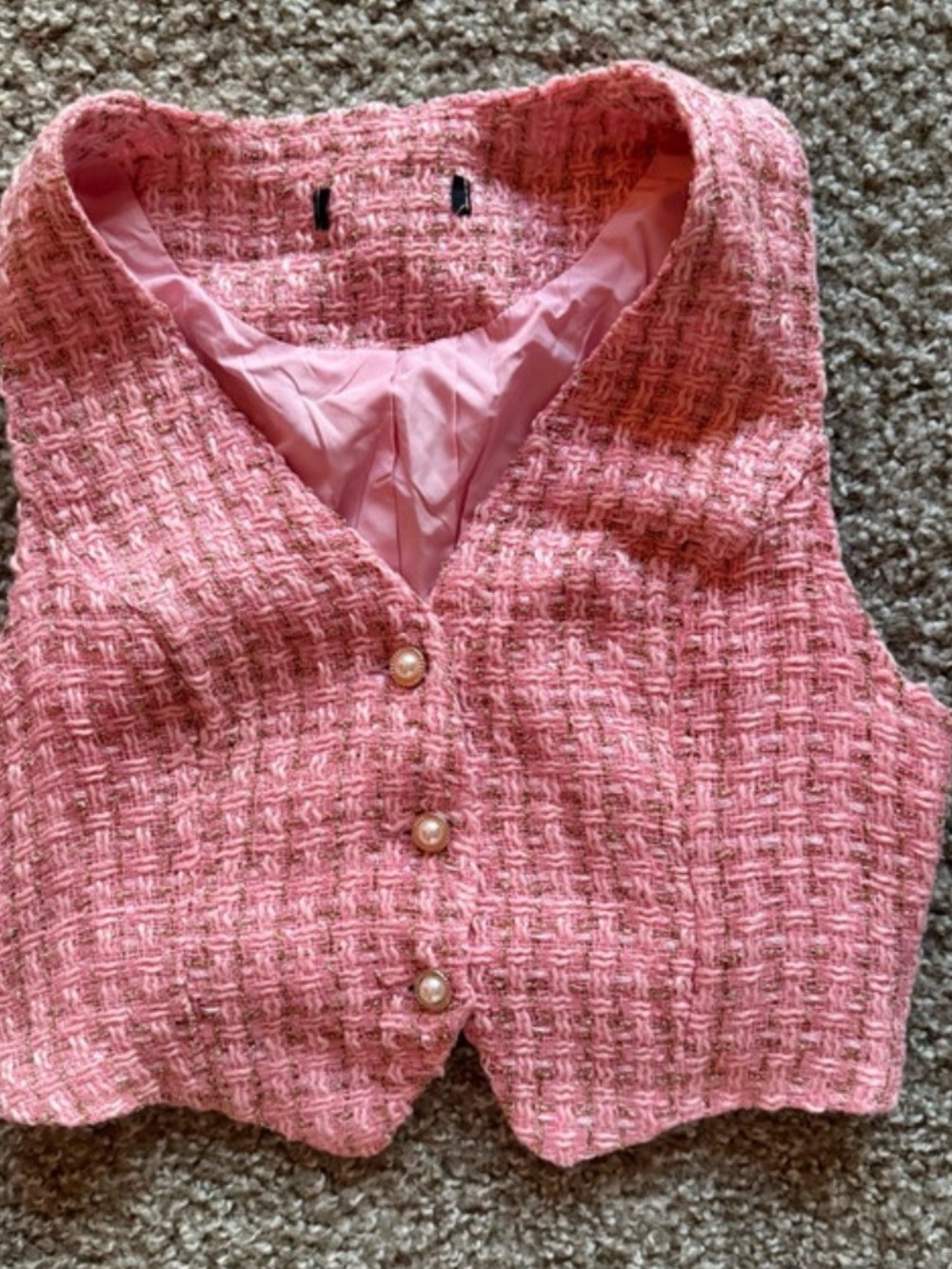Pink Tweed Cropped Vest Waistcoat Faux Pearl Button Tank Top Sz XS